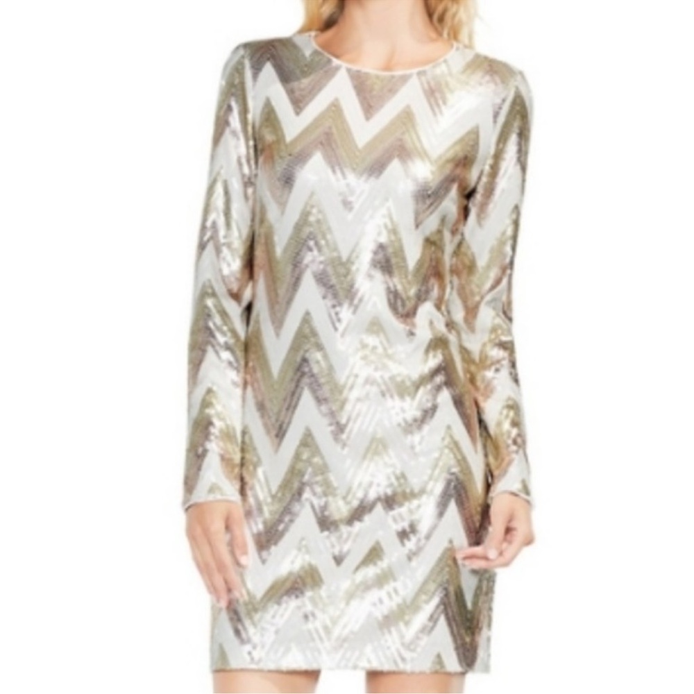 Vince Camuto Metallic Chevron Gold Cream Long Sleeve Holiday Dress SZ 6 NWT